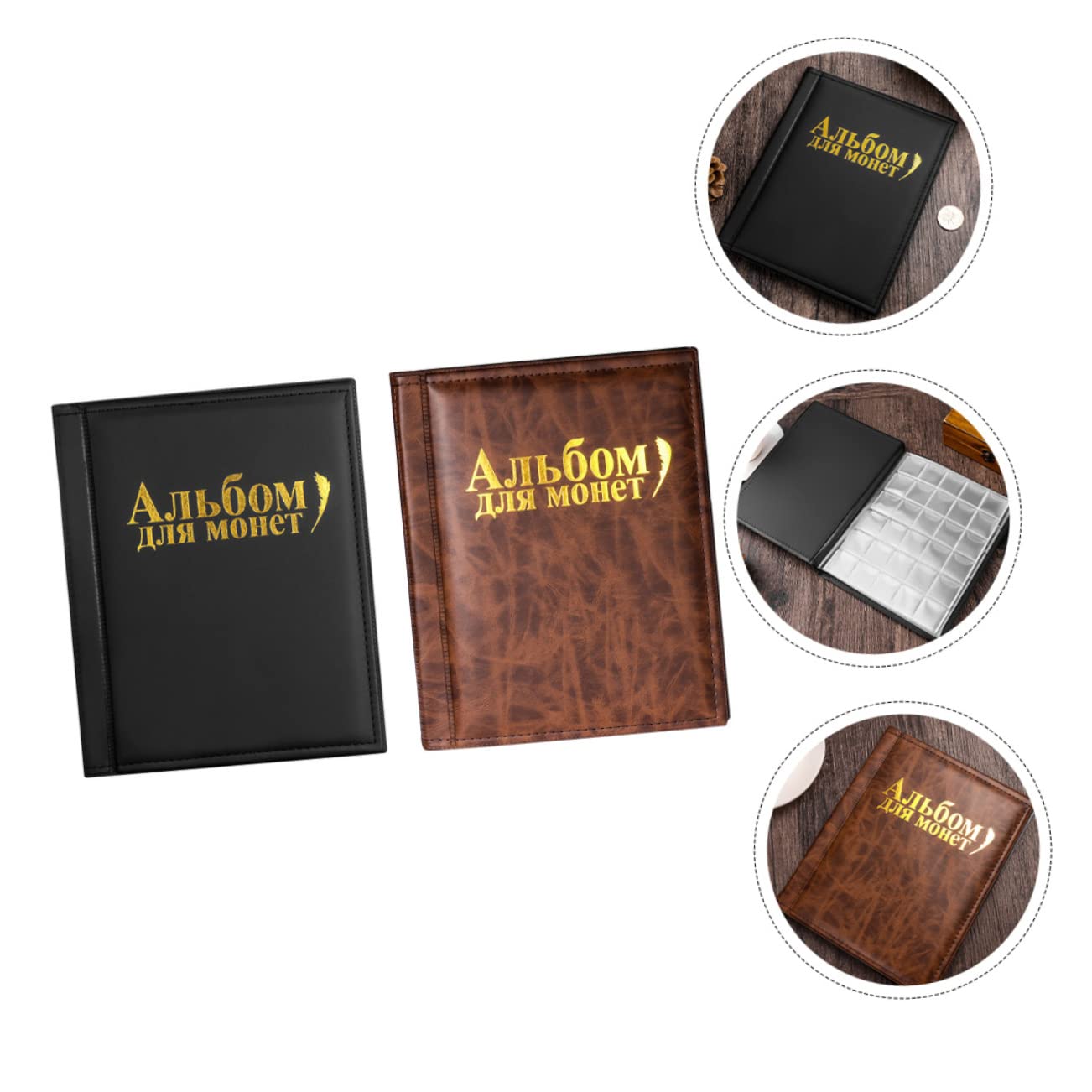 PLAFOPE Album per Monete da Collezione 2 Pezzi, Plastico Pu Nero Marrone