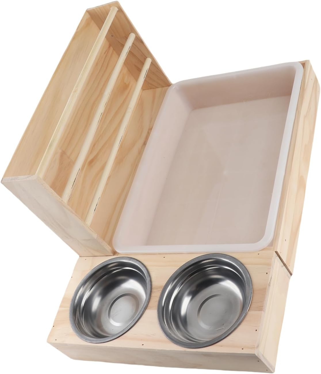 3 in 1 Large Rabbit Feeder, Litter Box & 2 Bowls, Wooden Bunny Toilet for Guinea, Chinchilla, Hamster & Small Animals, Anti Tipping Design Solid Wood Feeder