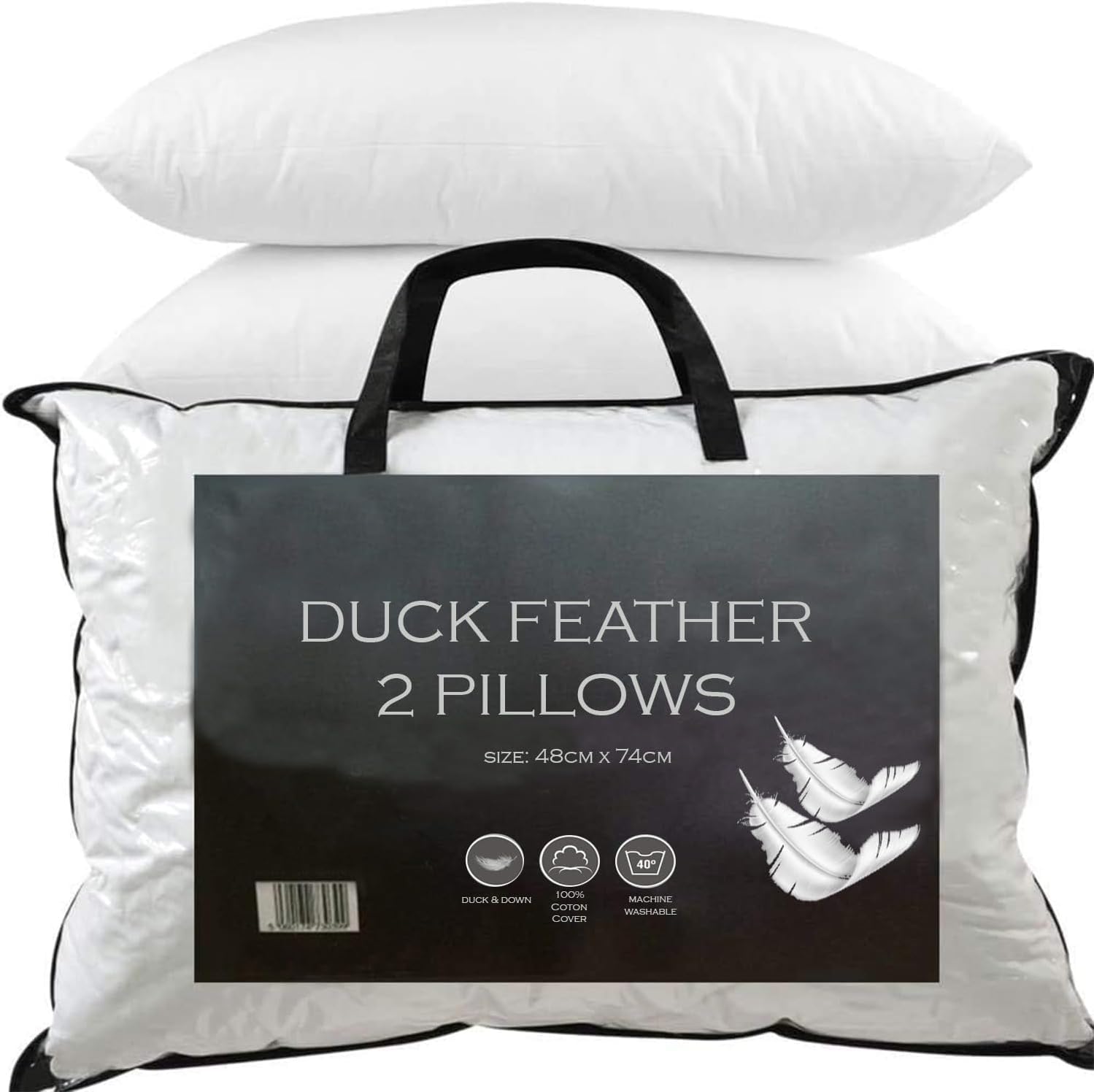 Zzzmrh Premium Duck Feather & Down Pillows - Super Comfort For Restful Sleep - Hypoallergenic, Breathable & Anti Dust Mite - 2 Pillows Uk Standard Size (48X74cm)