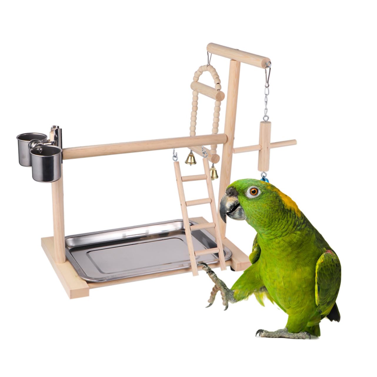 VICASKY Parrot Stand Spielplatz aus Naturholz Hängendes Vogelspielzeug mit Schaukel Fördert Balance und Bewegung für Wellensittiche Nymphensittiche und Kleine Papageien Zufällige Farbe