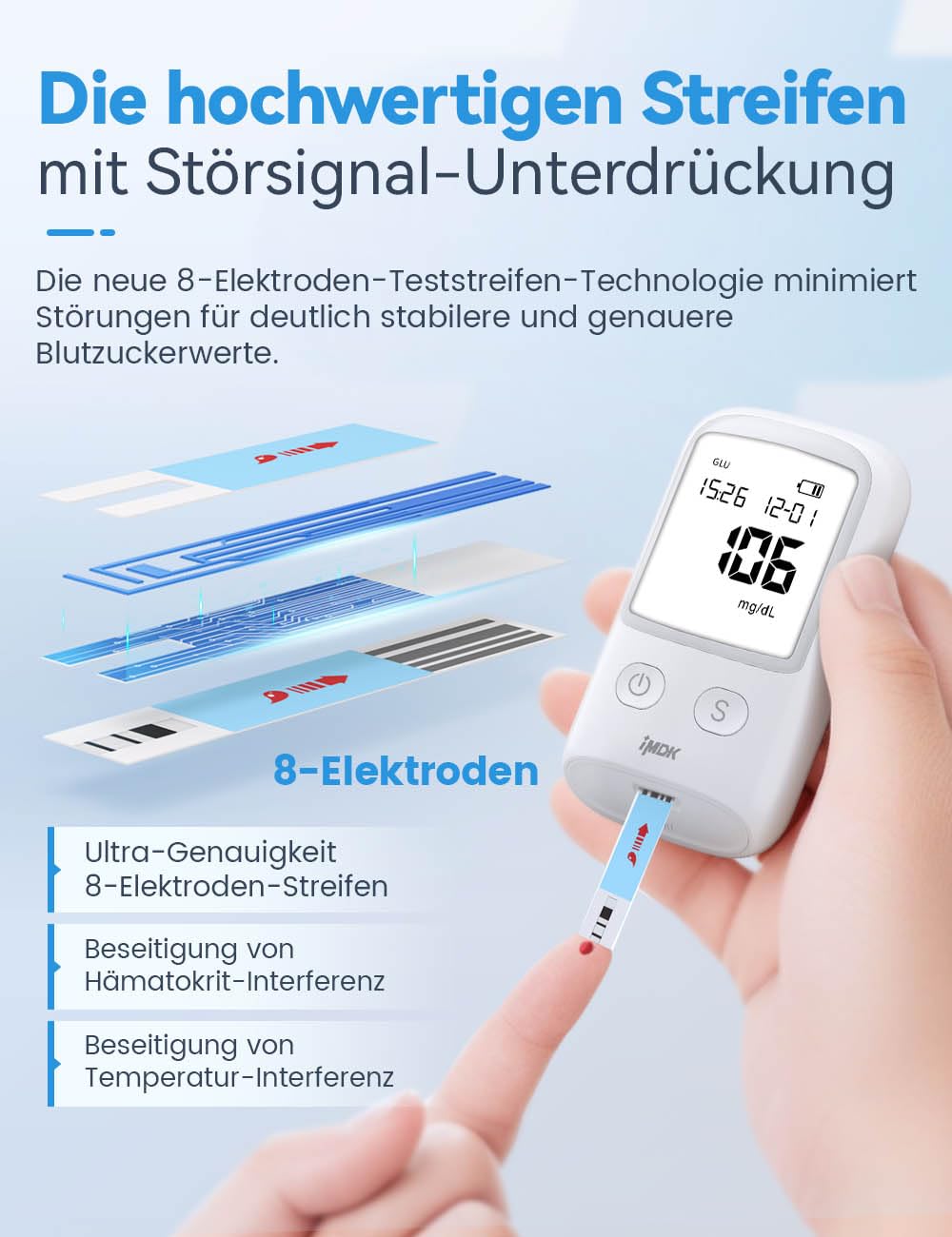 Blutzuckermessgerät-Set (mg/dl), 𝐊𝐥𝐢𝐧𝐢𝐬𝐜𝐡 𝐩𝐫ä𝐳𝐢𝐬𝐞𝐬 Blutzuckermessgerät mit 100 Teststreifen, 100 Lanzetten und 1 Stechhilfe – codierungsfrei & großes Display