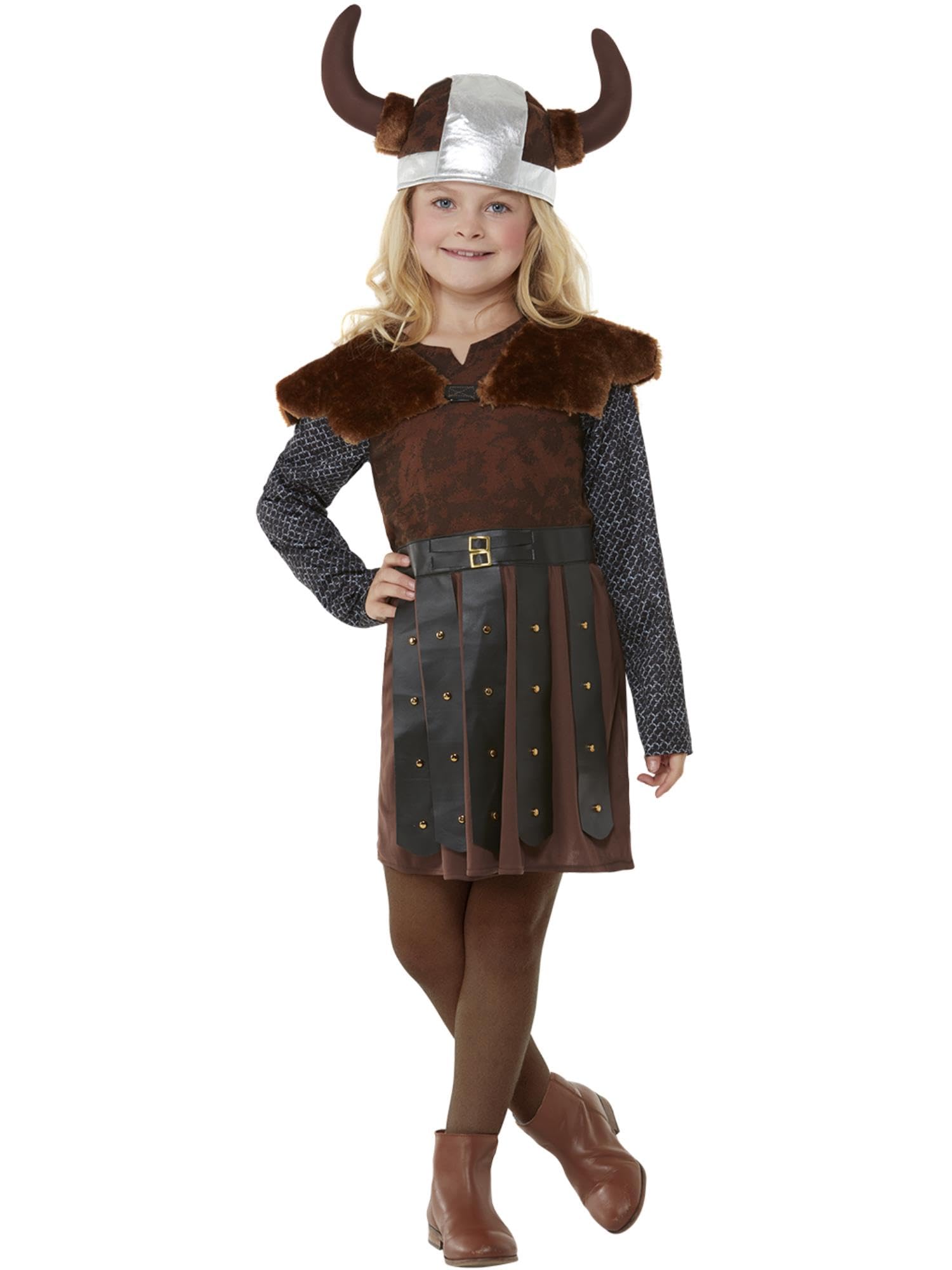 SMIFFYS Costume da ragazza vichinga, Marrone, Abito, piccolo mantello e cappello