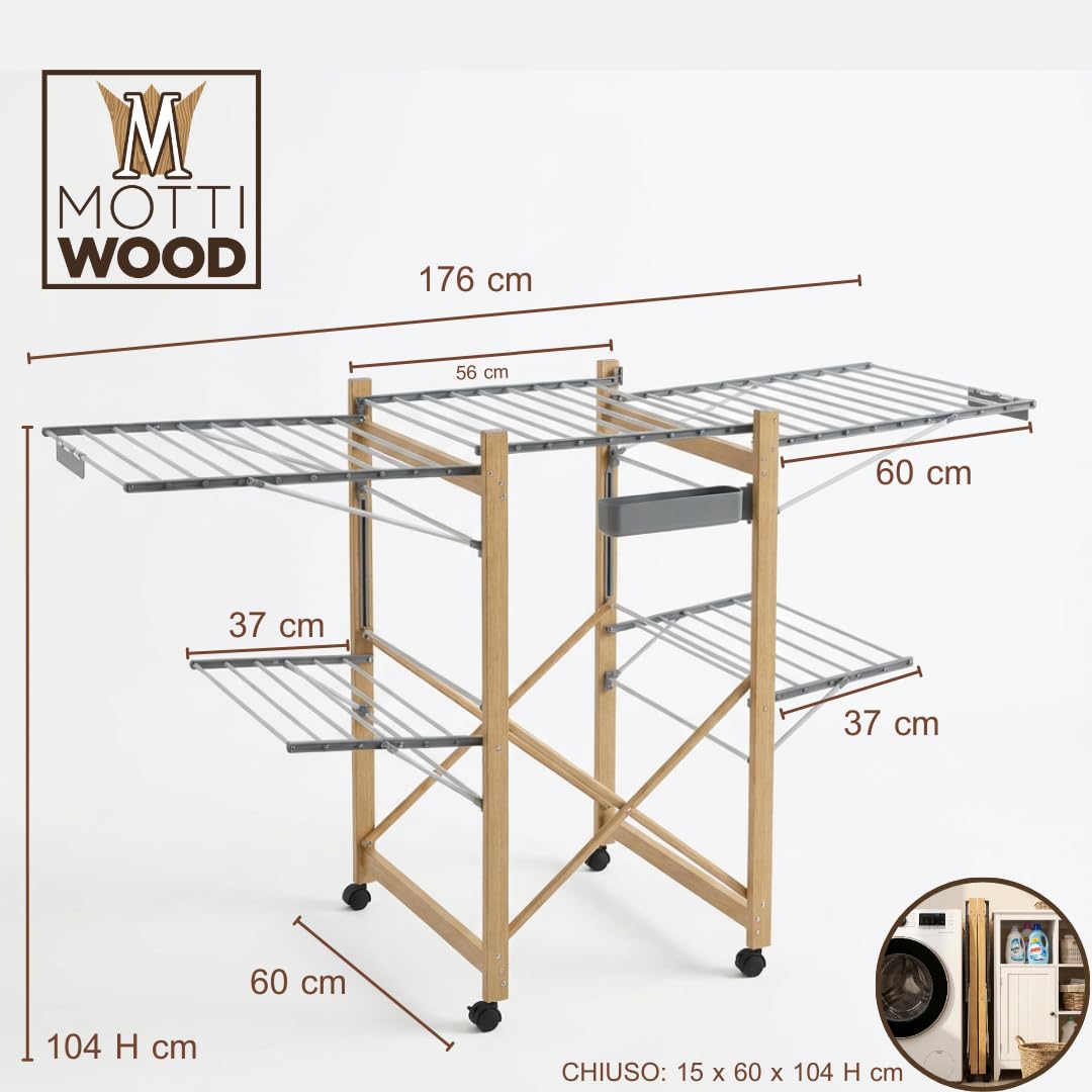Stendibiancheria Pieghevole XXL, 4 Ali Laterali, Maxi Stendino Richiudibile e Salvaspazio, 25Kg Bucato, Stendi Biancheria Interno ed Esterno, 176 x 60 x 104 h cm, 4 Ruote Girevoli
