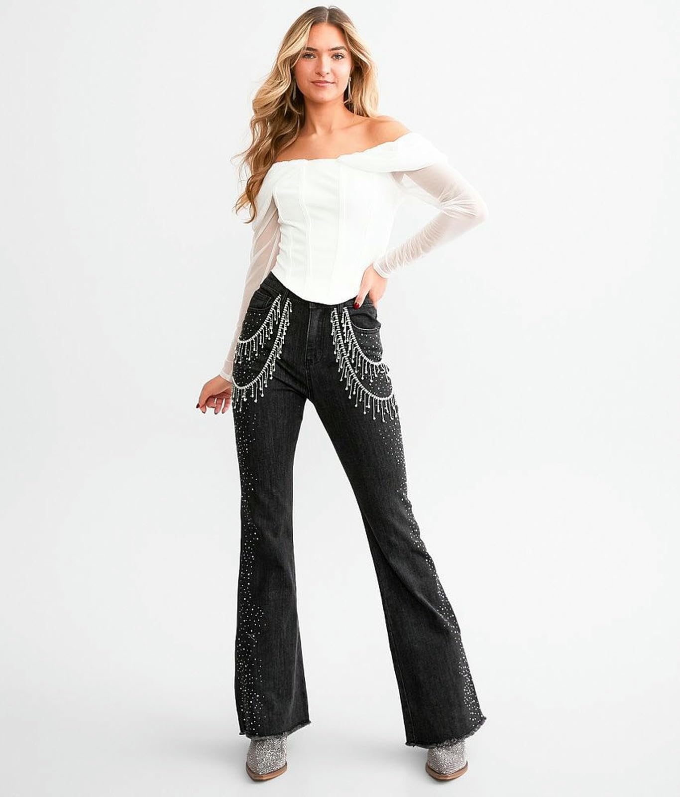 Damskie dżinsy Slim Fit Bootcut dla kobiet, ręcznie szyte i workowe-czarne S