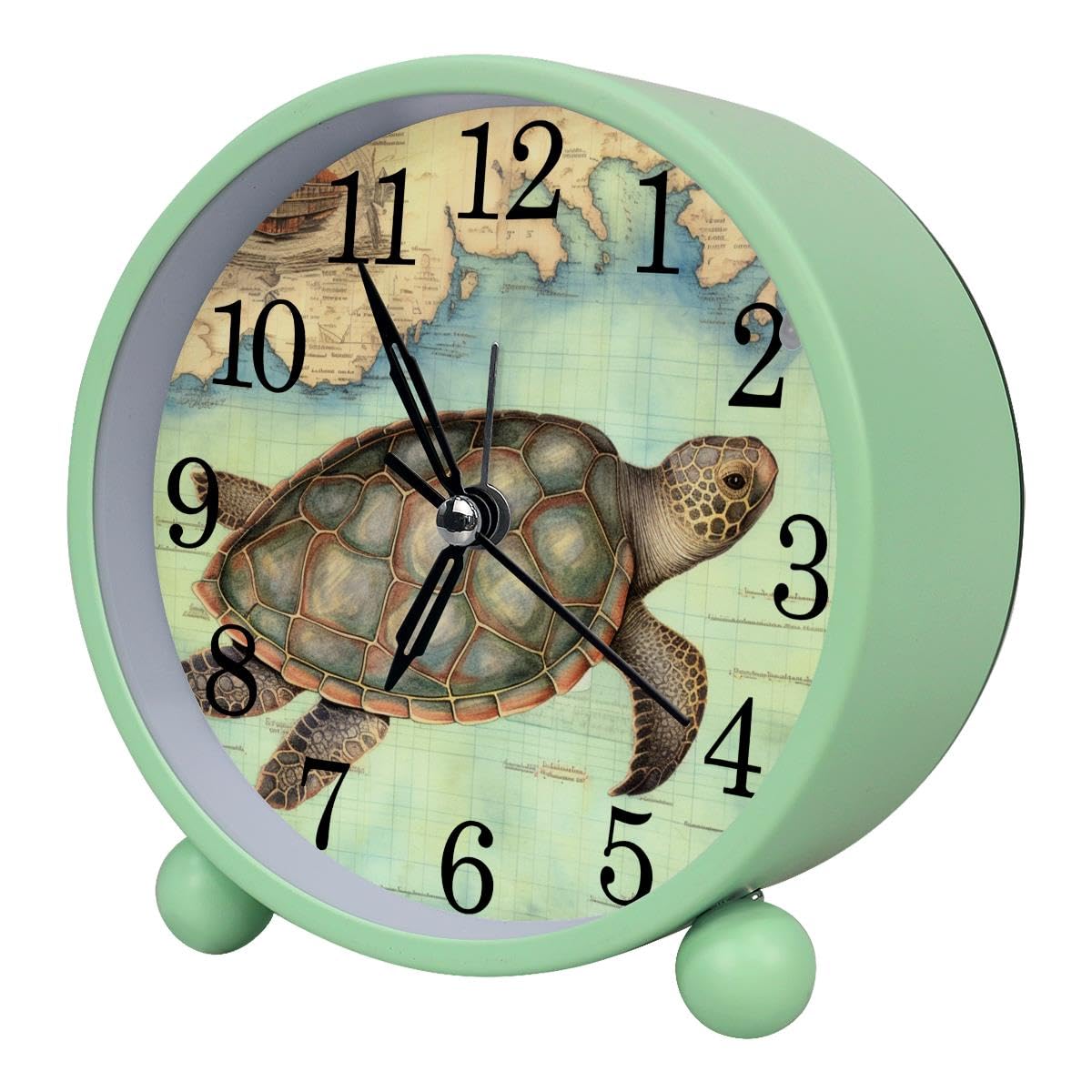 Alarm Clock Sea Turtle Nautical Map, Silent Non-Ticking with Night Light