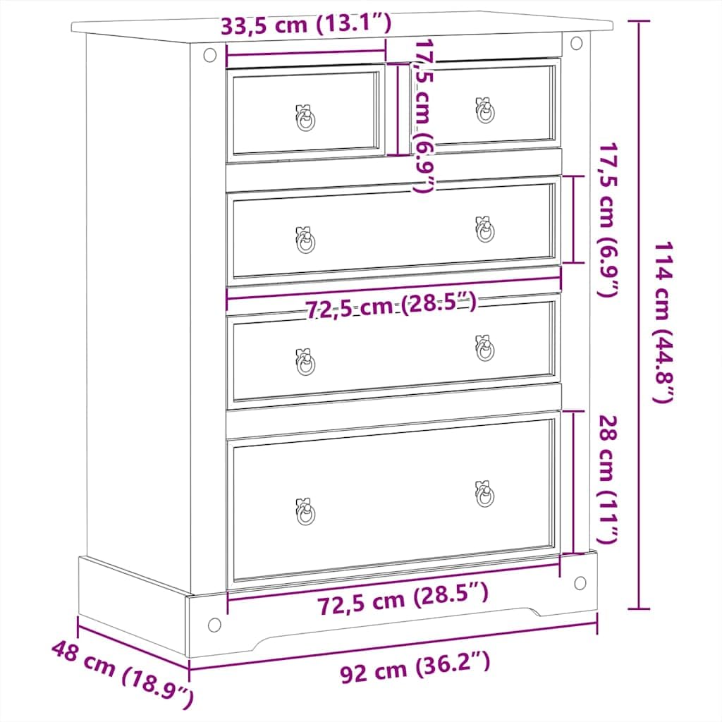 Cassettiera Corona 92 x 48 x 114 cm, in legno massello di pino, armadio con cassetti, mobile per soggiorno, camera da letto, ingresso, corridoio, ufficio 4005674