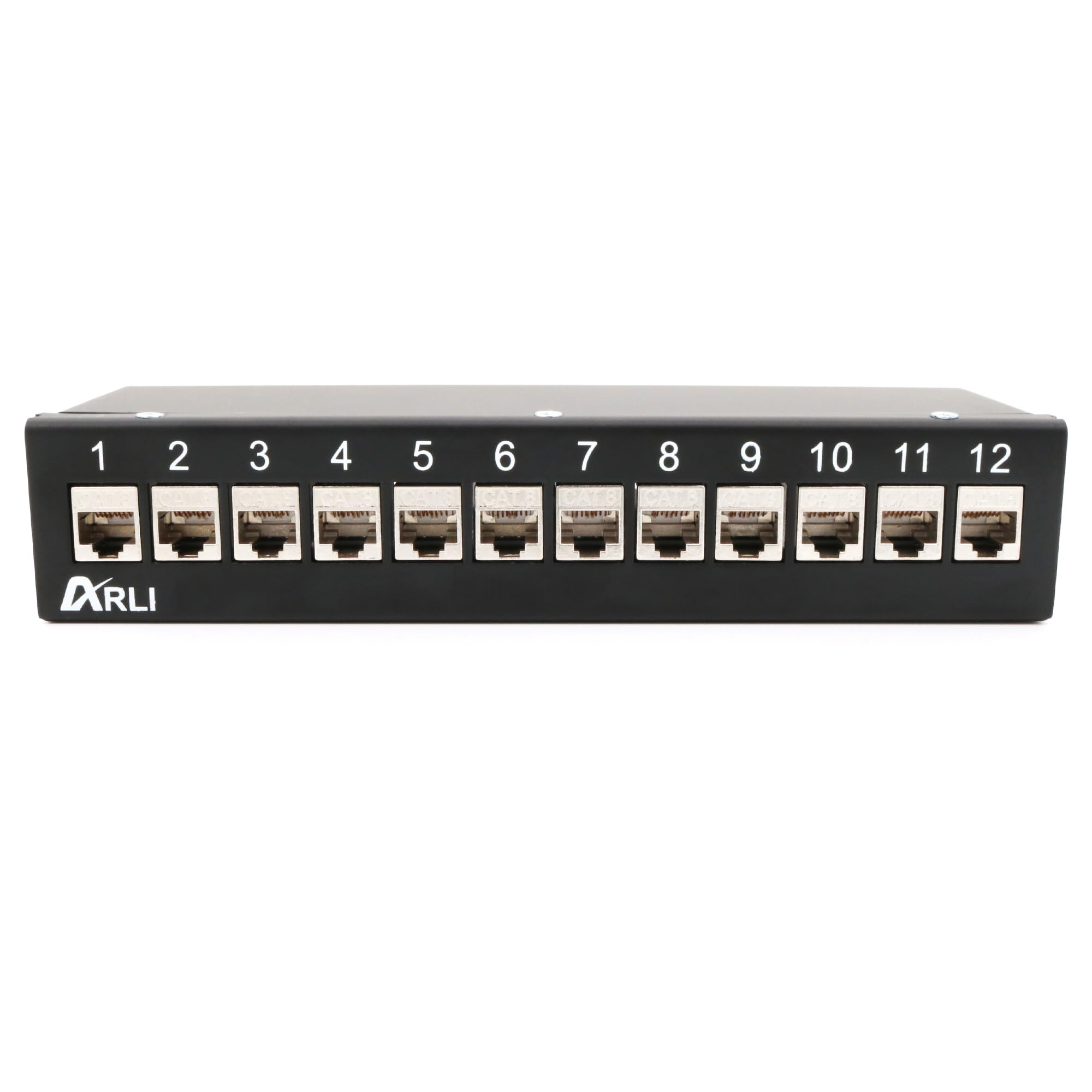 ARLI Patchpanel Cat8 inkl. 12x Keystone Cat8.1 Module – 12-Port Patchfeld Gehäuse Schwarz – Einfache Snap-In Montage – 1HE – Inkl. Kabelbinder & Montagematerial