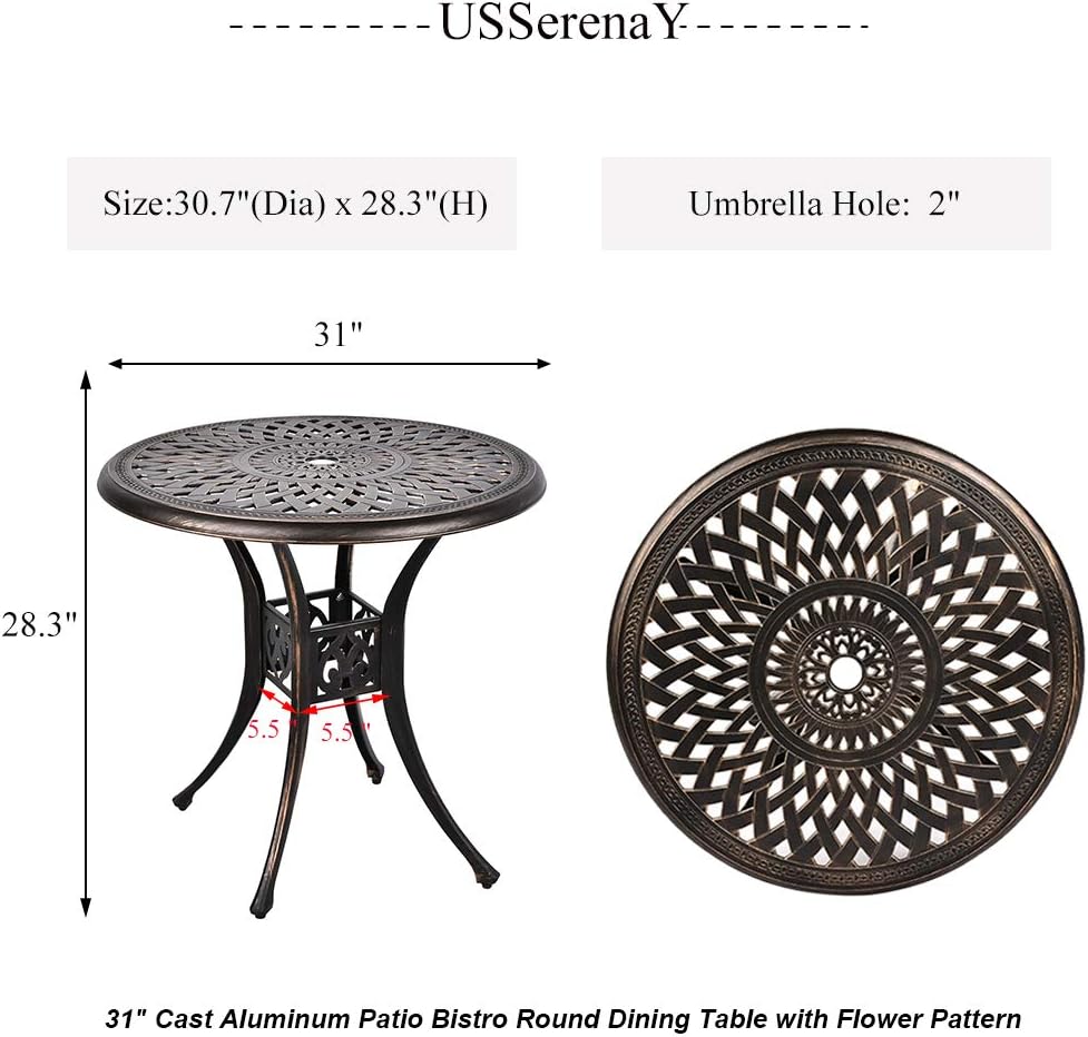 USSerenaY 31" Cast Aluminum Patio Bistro Round Dining Table with Umbrella Hole Conversation Outdoor Table for Garden Pool Side Deck : Patio, Lawn & Garden