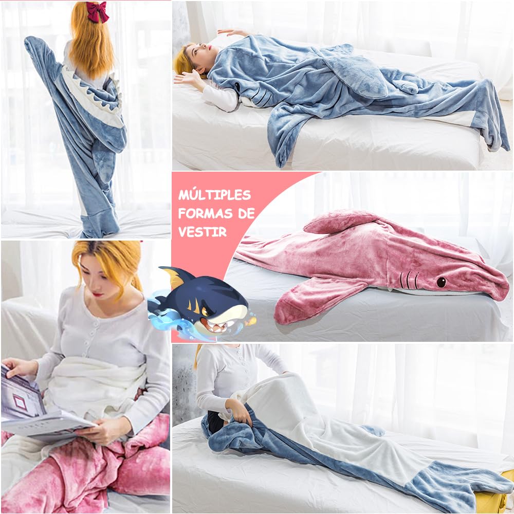 Manta de Tiburón con Capucha, Manta de Tiburón Onesie Saco de Dormir, Suave Franela Tiburón Manta con Capucha, Wearable Cola de Tiburón Onesie Manta (L(67 * 27,5in), Rosa)