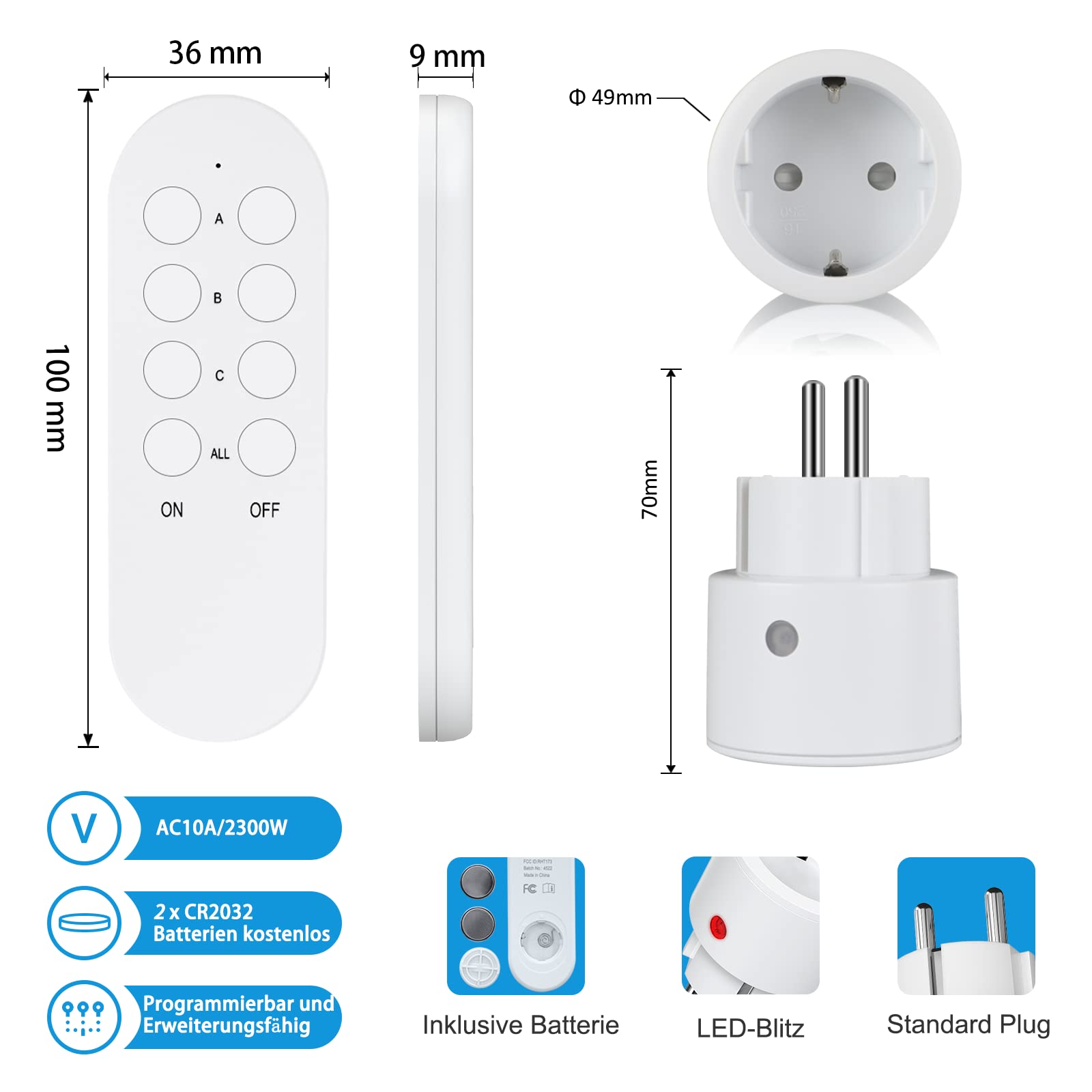 Prese con telecomando, presa da 10 A/2300 W, portata di 40 m, prese radio con telecomando programmabile (2 T+5R)