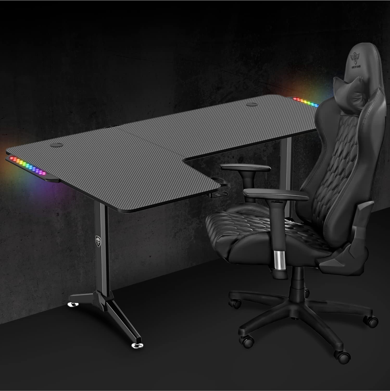 SPIRIT OF GAMER HEADQUARTER 600, Bureau d'Angle Gaming 160 cm, Grand Bureau Gamer avec Porte Gobelet, Crochet pour Casque et Support pour Câble, Table avec Rétroéclairage LED, Créez votre Setup Gaming