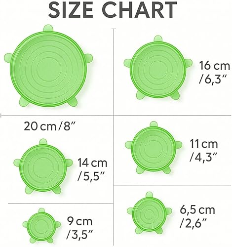 Miniatura 2 de Paquete de 6 tapas elásticas de silicona reutilizables  Fundas verdes de grado alimenticio para cocina  Sello hermético para almacenamiento de
