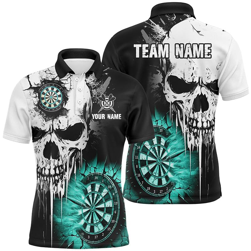 Outfitsuche Personalisierte Grunge Totenkopf Dartshirts für Herren & Damen | Individuelle Team-Trikots mit Risswand-Design | Türkises Performance-Darttrikot T2784