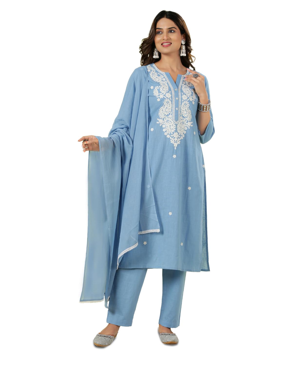 kaari Chikankari Embroidered Kurta Set for Women– 100% Cotton | Yoke Detailing | Three Piece Kurta Set with Dupatta | ¾ Sleeve-picture-30