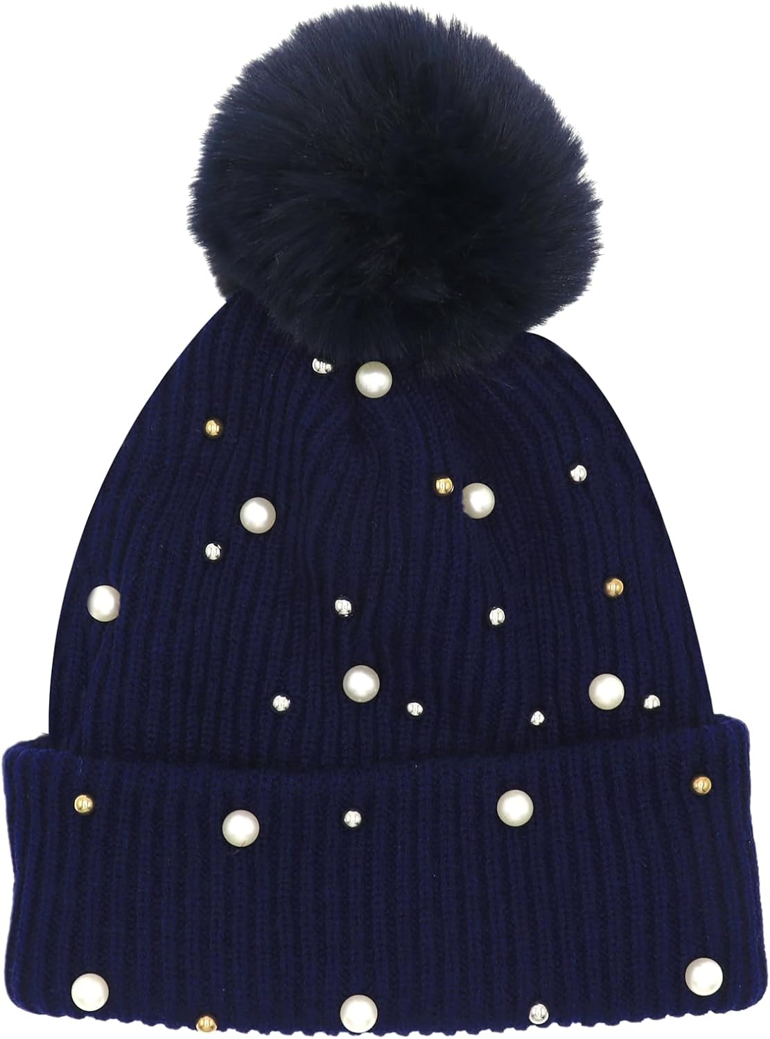 Womens Slouchy Winter Beanie Hat with Fur Ball Pompom Beanie Pearl Beads Fall Hat Warm Thick Knit Skull Ski Cap