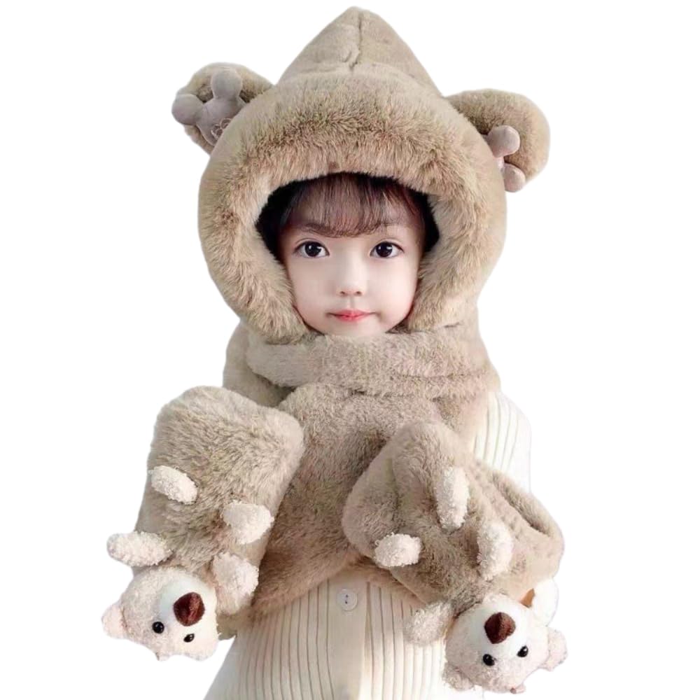 ISABELLA MOON Kids Cartoon 3 in 1 Hat Scarf Gloves Set Winter Warm Fleece Stch Faux Fur Hoodie Full Hood Thick Thermal Scarves Gifts for Boys and Girls Kids (Khaki Bear)