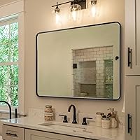 Vista 44 de ANDY STAR - Espejo de latón para baño, espejo rectangular redondeado de 22x30 pulgadas con marco de metal cepillado dorado, espejo de tocador