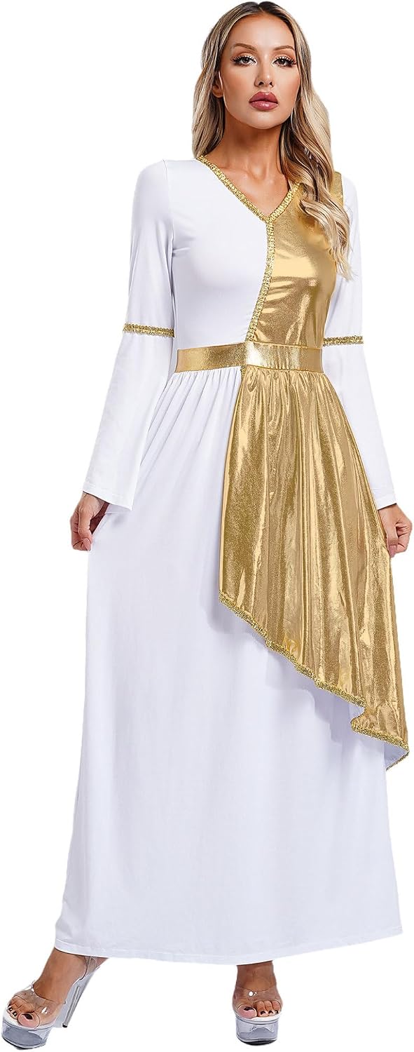 Shinsto Womens Roman Greek Costume Toga Dress Long Sleeve Overlay Tunic Praise Dance Dress