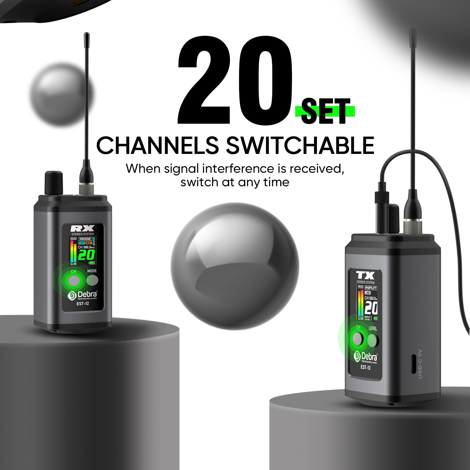 D Debra EST-12 UHF In-Ear Monitoring System Profi-Set mit 2 Empfänger, 20 Kanäle, latenzfrei, 80m Reichweite, Metallgehäuse für Studio & Bühne