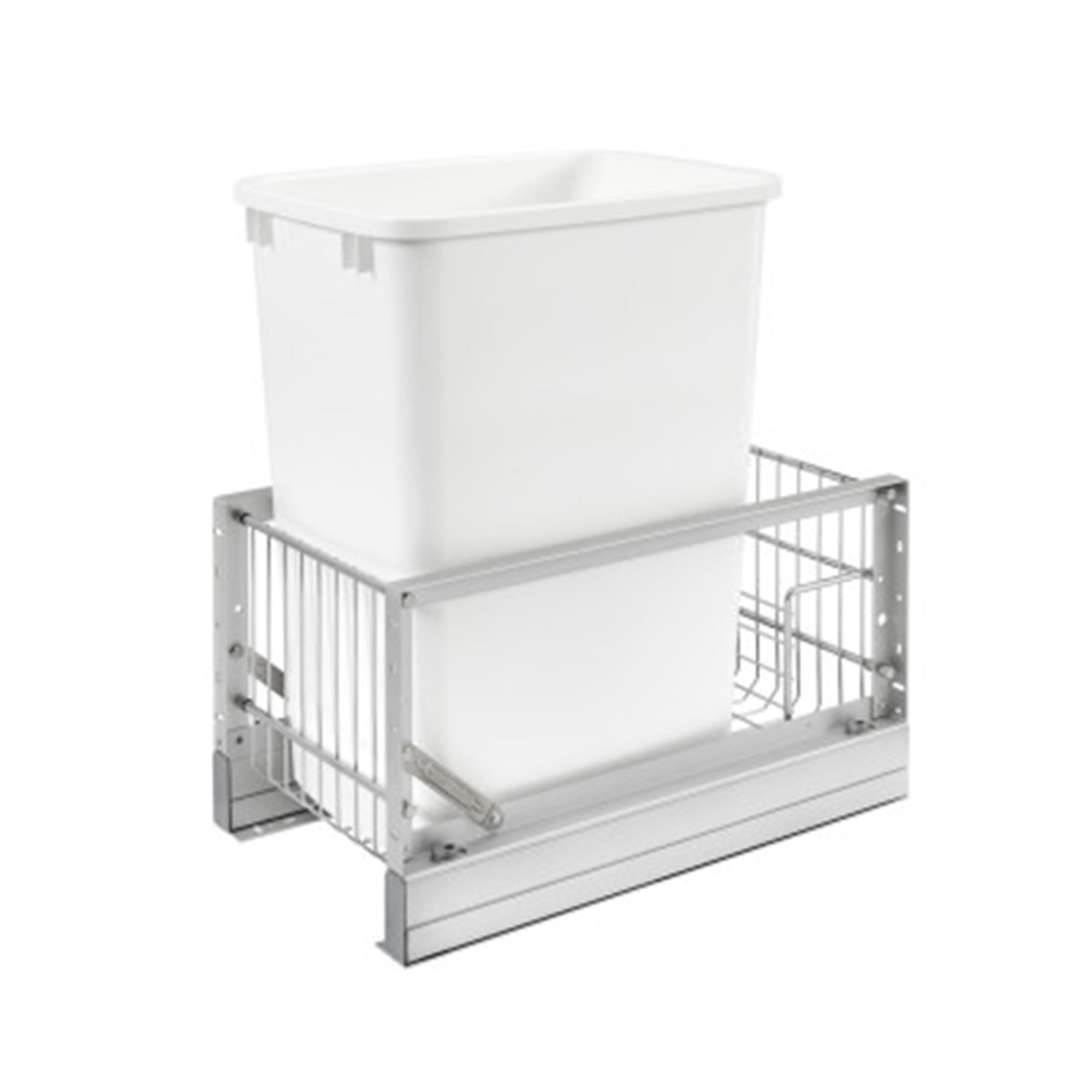 Rev-A-Shelf Single Pullout Waste Container for Kitchen Base Cabinets, 35 Qt Trash Cans with Soft-Close & Reduced Depth, White, 5349-15DM18-1