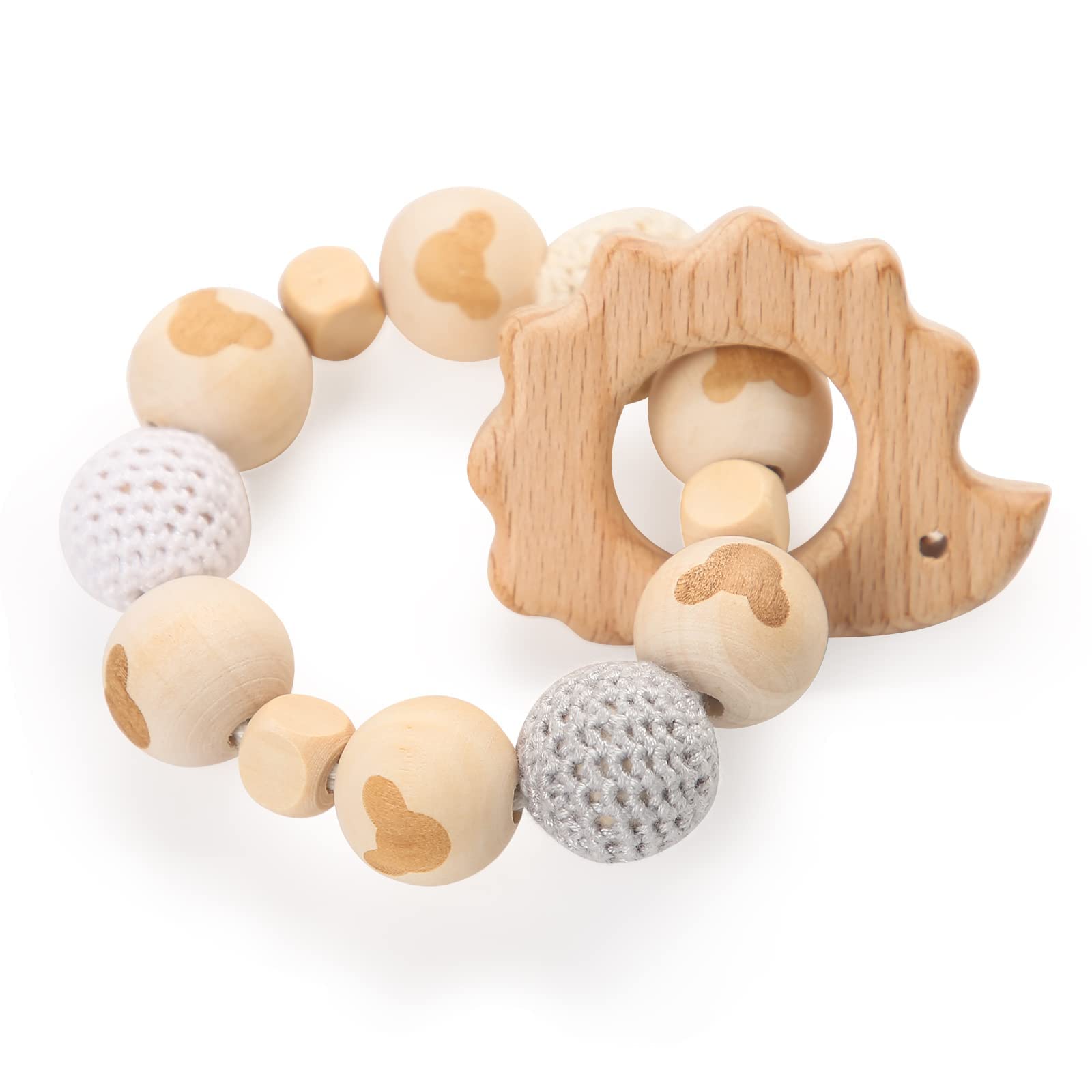 Baby Teething Toys Wooden Teethers BPA Free Wood Chewable Toys Natural Beech Baby Teething Ring Rattles (Hedgehog)