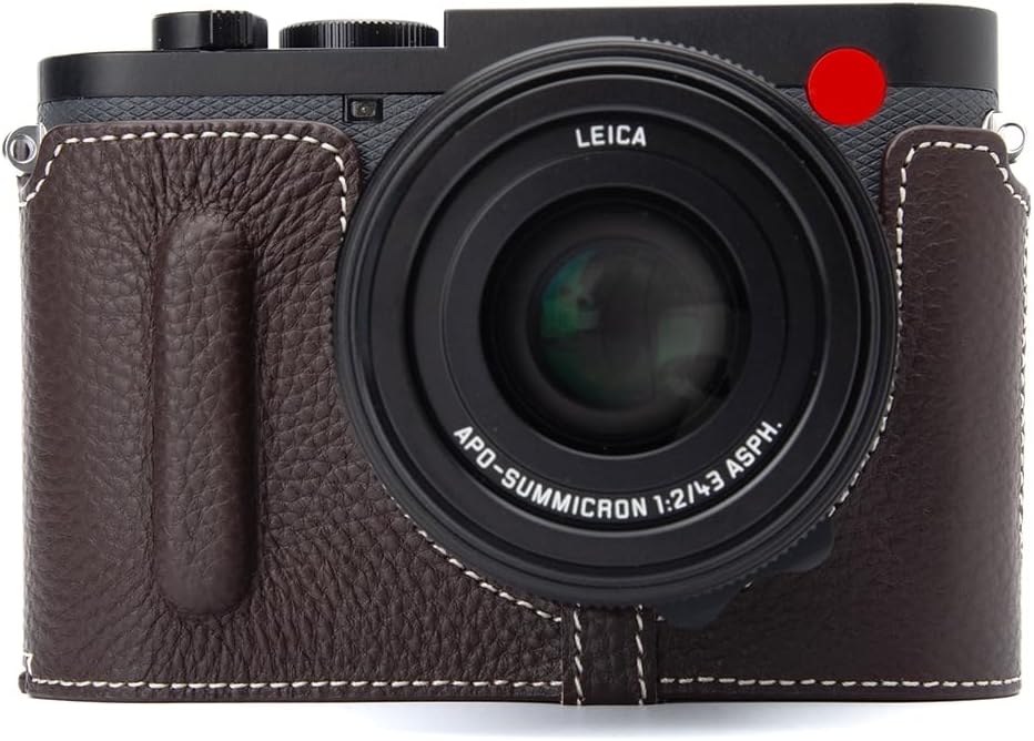 Q3 Vintage Genuine Leather Camera Case Handcrafted Half-Wrap Camera Protector Cover Bag For Leica Q3 (Mocha-white line)