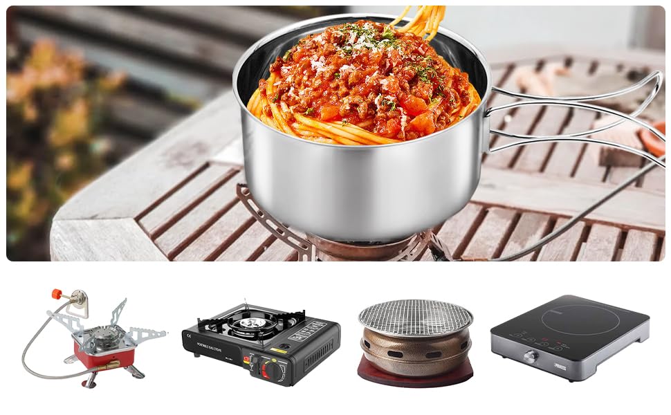 Image of 7 Piece Camp Cooking Set, 304 Stainless Steel Camping Cookware with Pot and Frying Pan Kit 2 Set Plastic Cups for Camping, Backpacking, Outdoor Cooking and Picnic
