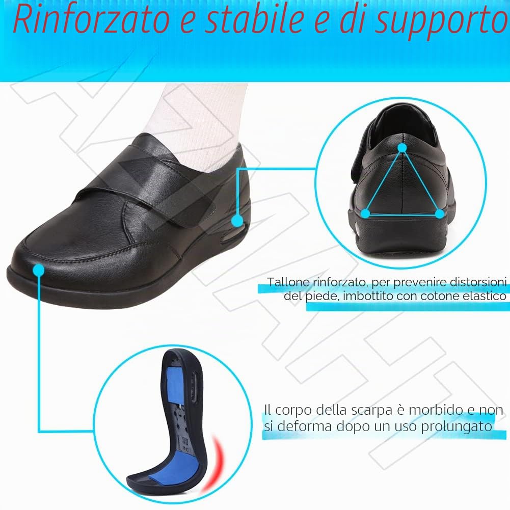 Pantofole Leggere con Strappo Scarpe Diabetiche di Larghezza Extra Larga Donna Uomo Scarpe Diabetiche Ortopediche con Memory Foam Scarpe da Passeggio Regolabili,Nero,39 EU
