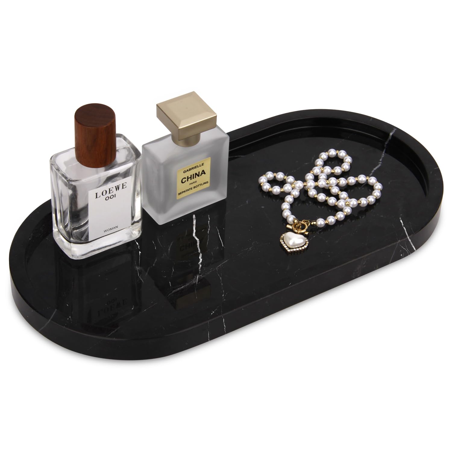 Natural Marble Tray Oval Bathroom Vanity Tray for Countertop Stone Decorative Organizer for Perfume, Jewelry, cosmetics, Home Decor (Black Marquina, 30 x 15 x 2 cm)