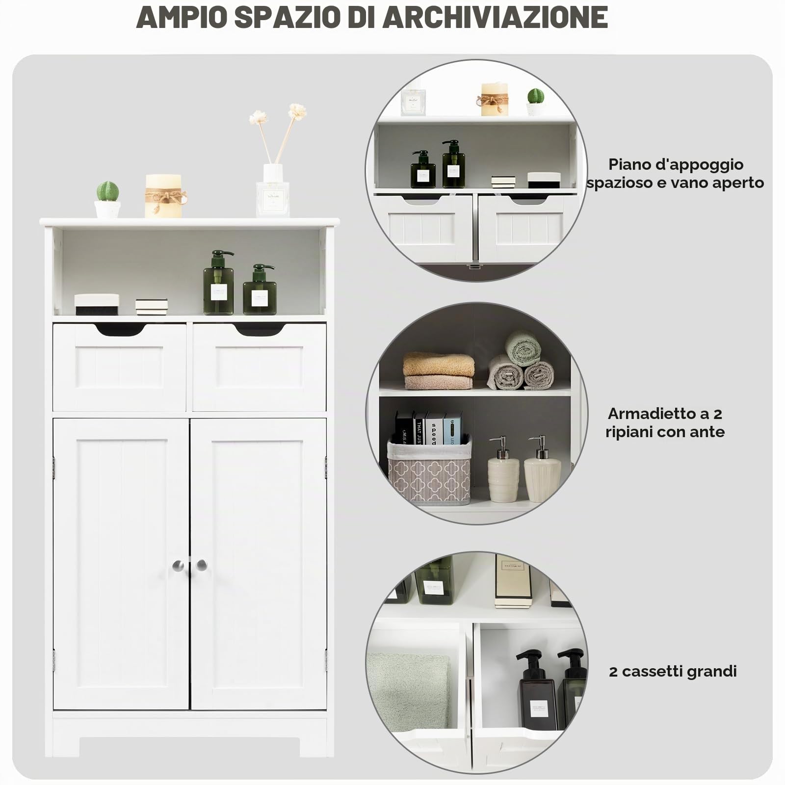 KOMFOTTEU Mobile da Bagno con 2 Cassetti e 2 Armadi a Porta, 60 x 30 x 109 cm, Armadietto da Terra Autoportante in MDF, Armadio d’Archivio per Soggiorno, WC, Camera da Letto, Cucina (Bianco)