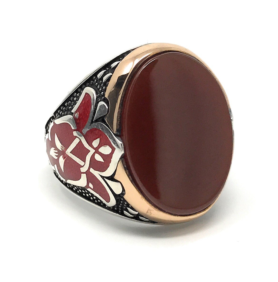 KAR925K Stamped Sterling Silver Red Agate(Aqeeq) Men's Enamelled Ring K61F Special Edition