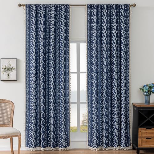 Image of Navy Blue Boho Curtains 72 Inch Long for Living Room, Bedroom, 2 Panels Floral Farmhouse Vintage Tassel Semi Sheer Light Filtering Privacy Window Curtain Drapes with Rod Pocket, Navy Blue