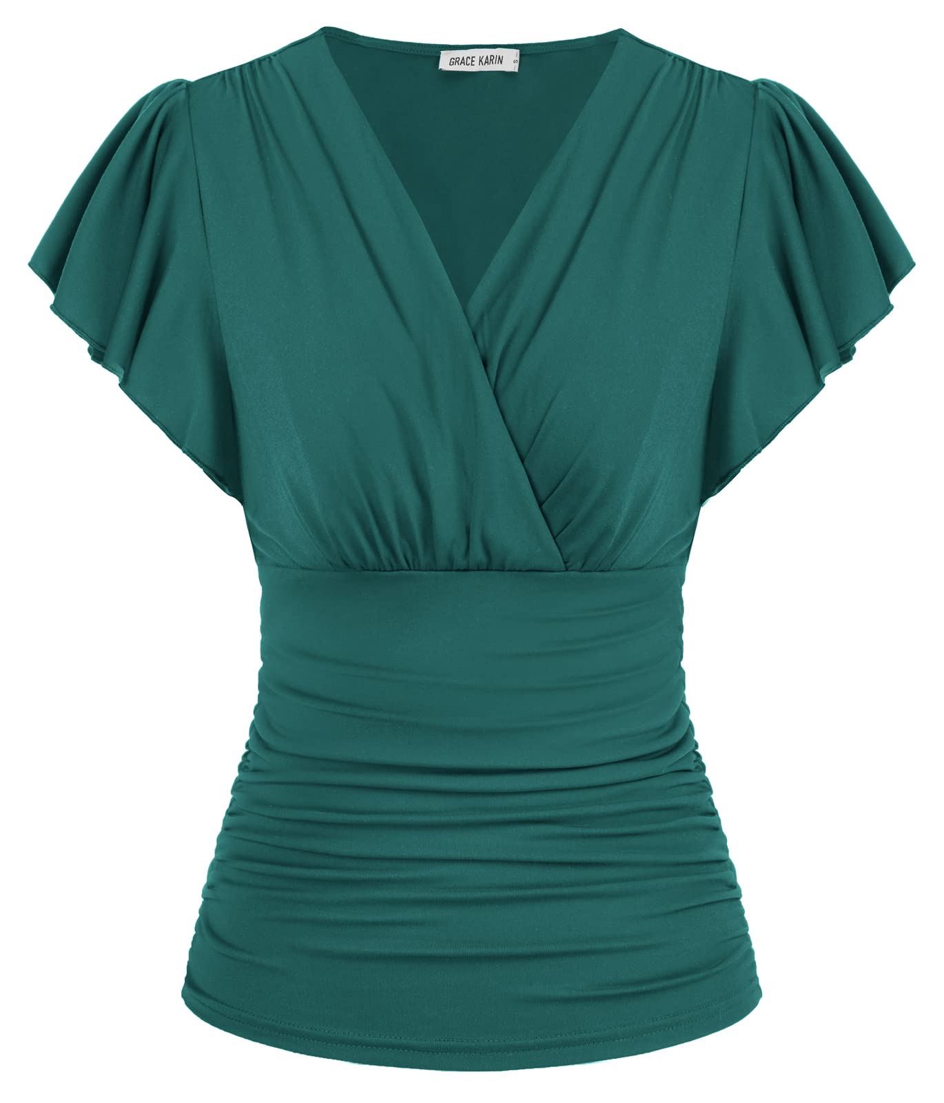 GRACE KARIN 2024 Womens Tops Summer Wrap Blouse V Neck Ruffle Sleeve Dressy Casual Top Ruched T-Shirts