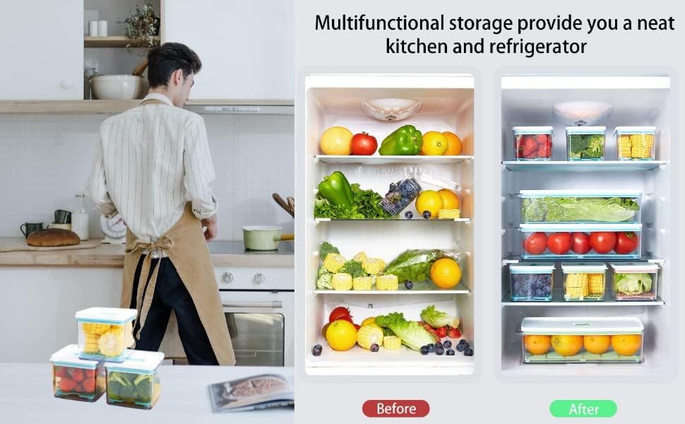 Vista 7 de Contenedores de almacenamiento Organizador de refrigerador para verduras, frutas, verduras y bayas, contenedores organizadores con tapas, protector