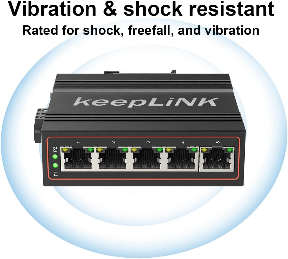 Diagram explaining LED indicators on the keepLiNK 5-Port Industrial Ethernet Switch.