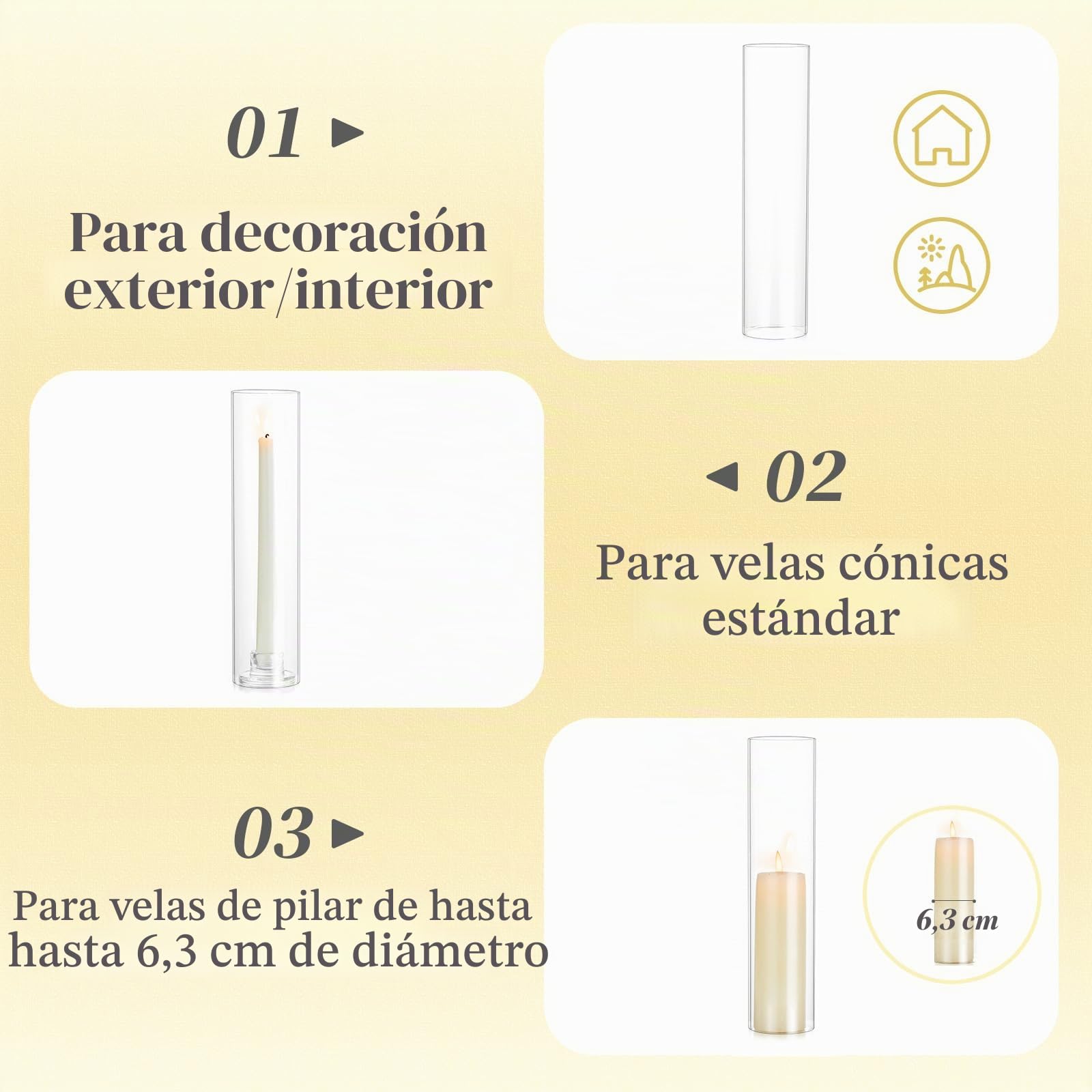 Cilindros de cristal para velas Portavelas de cristal: Hewory Set de 10 cilindros de cristal sin fondo para decoración de bodas farol de cristal para decoración de mesa boda Navidad portavelas