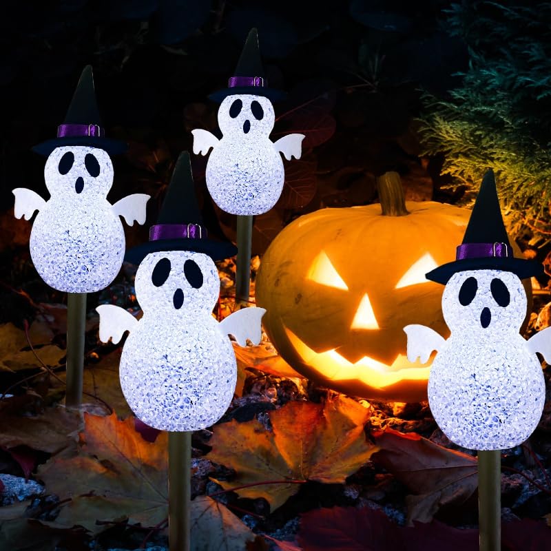 ハロウィーン ソーラーライト ハロウィン 飾り ライト ハロウィン ゴースト 飾り 4個セット 太陽光発電 自動点灯 消灯 防水 室内 屋外 イベント 雰囲気作り ウォームホワイト (雪だるま)