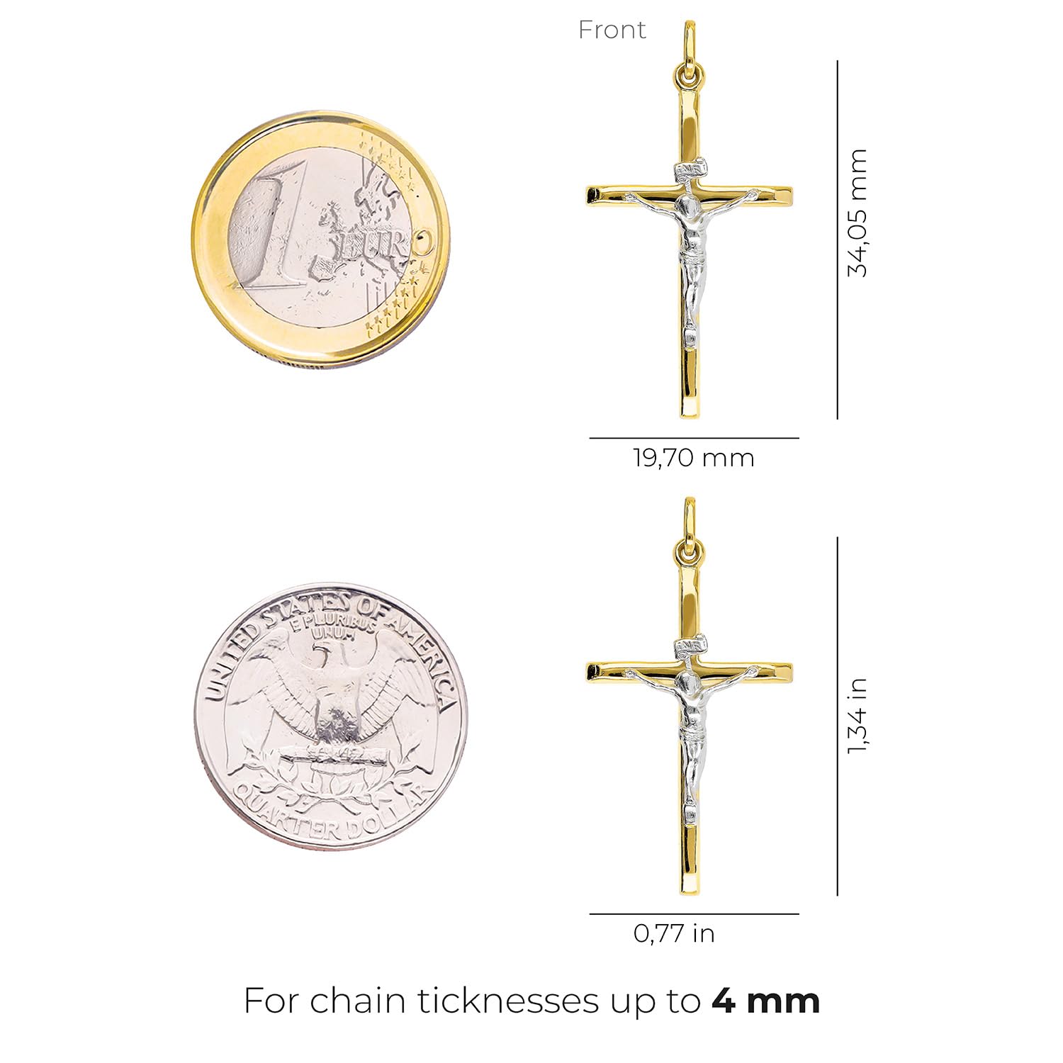 forme di Lucchetta Pendentif en forme de croix en or - Jésus Christ sur la croix 14 carats - Pour homme et femme - Or véritable 585 - Breloques crucifix chrétiennes pour chaîne et bracelet