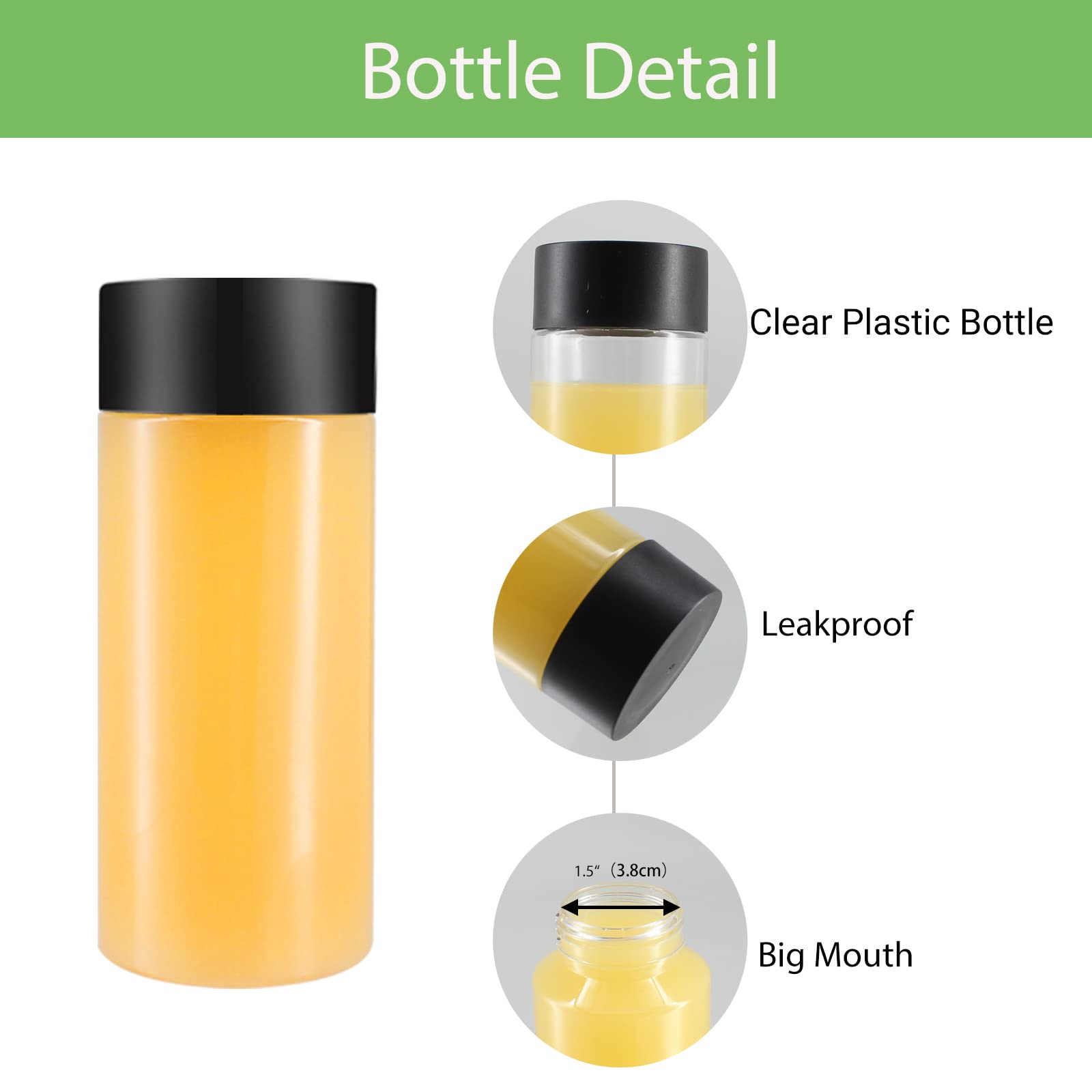 Lot de 16 bouteilles sensorielles réutilisables pour jus, lait et boissons en plastique PET Transparent avec couvercles noirs 250 ml