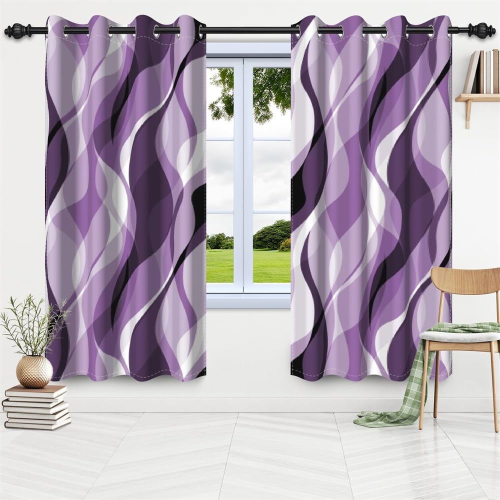 Ombre Purple Blackout Window Curtains Abstract Art Aesthetic Gradient Kitchen Curtains Geometric Wave Lines Thermal Insulated Room Darkening Window Drapes Home Decor,26x84 inch,2 Panels