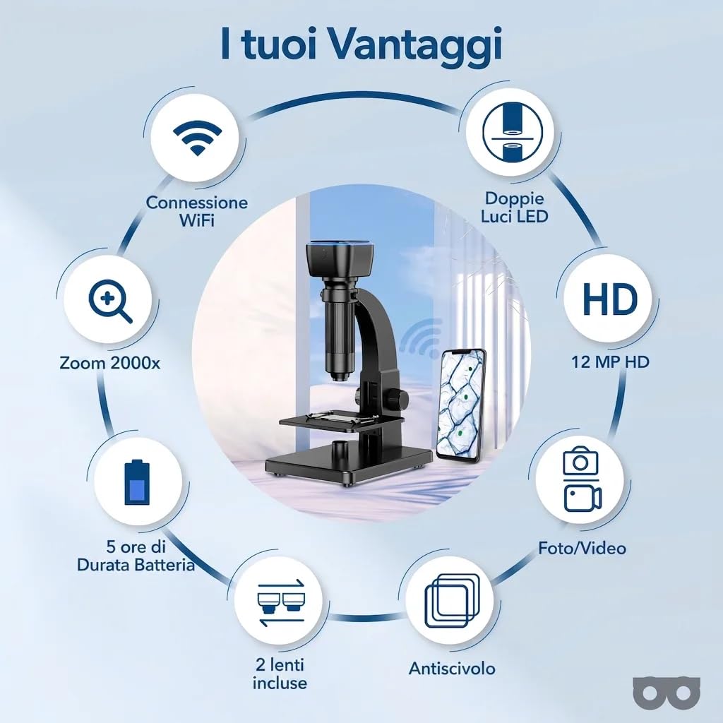 Microscopio Digitale | Ingrandimento 50x-2000x | Wi-Fi e USB | Fotocamera 5 MP e 12 MP | 11 Luci LED | Batteria Ricaricabile | E-Book Microscopia Adulti Incluso