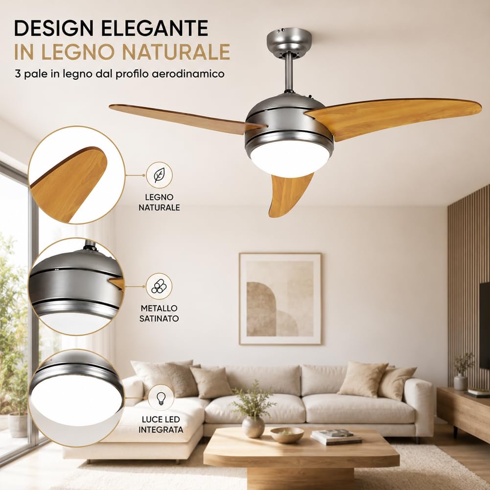 BAKAJI Ventilatore Lampadario da Soffitto 3 Pale in Legno con Lampada in Vetro Satinato 3 Velocità e Telecomando per Comando a Distanza Diametro 130cm Colore Silver e Legno Naturale