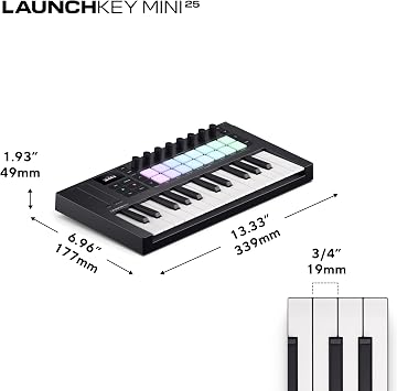 Novation Launchkey Mini 25 [MK4] — Taşınabilir 25 Mini Tuşlu, USB, MIDI Klavye Kontrolörü, DAW Entegrasyonu ile. Akor Modu, Ölçek Modu, Davul Pedleri ve Arpejjatör. Müzik Yaratma Yazılımı Paketi Dahil