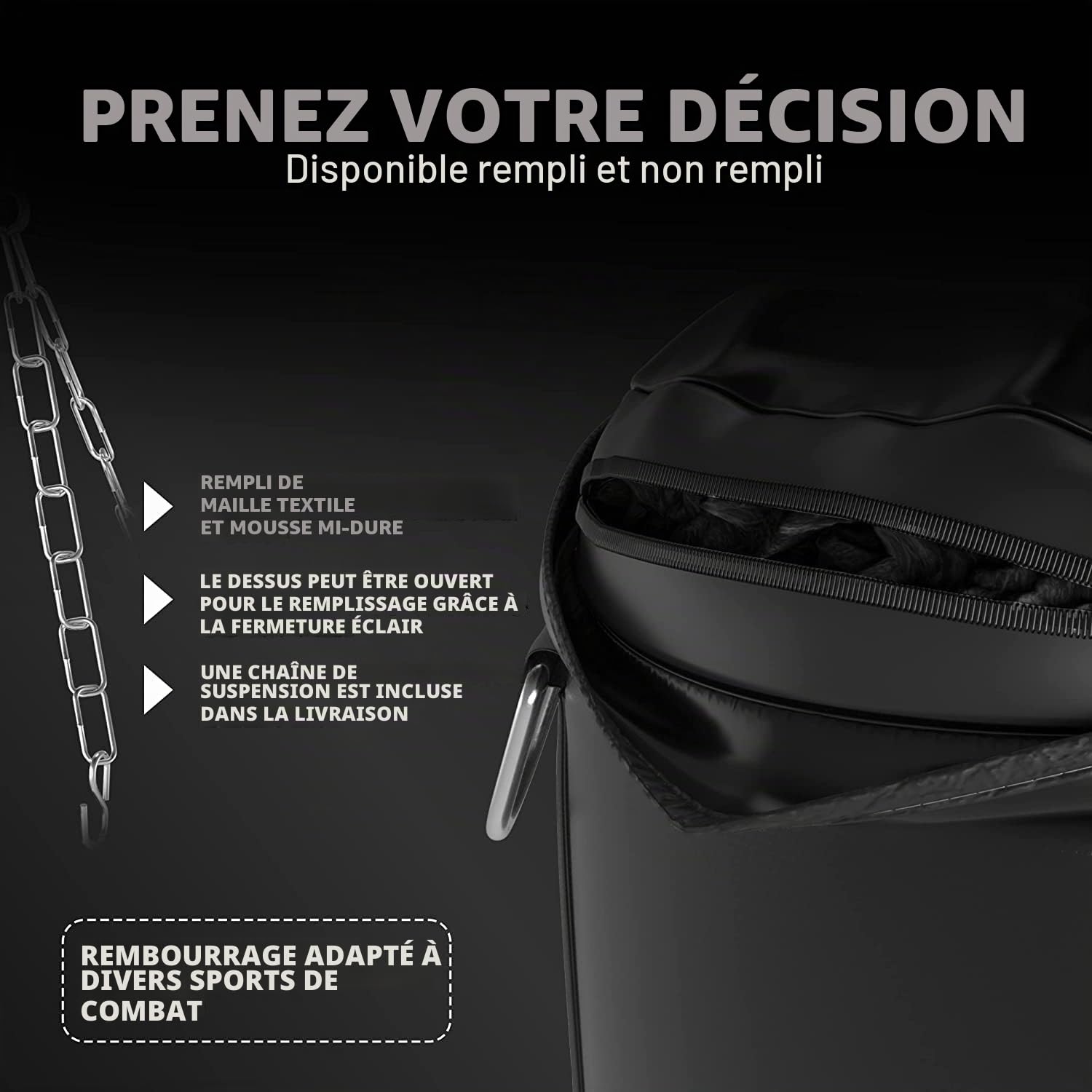 Sac de Frappe FIGHTR® Premium - Confort de Frappe élevé et très Robuste - Sac de Frappe Suspendu Non rempli/rempli 120x35cm avec chaîne Lourde pour la Boxe, Les Arts Martiaux, Le MMA.