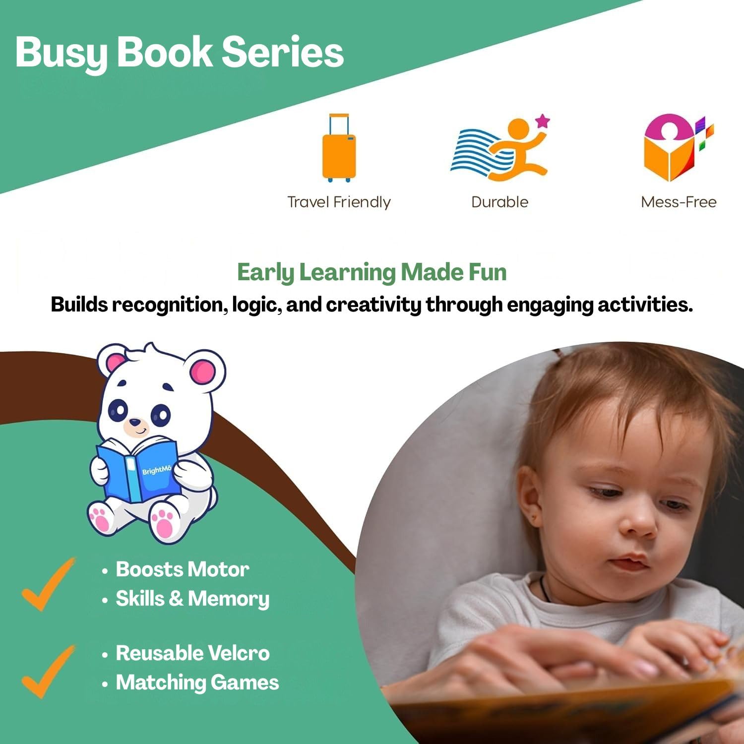 BendJoy® Dinosaur Busy Binder Book for Toddlers 1-3 | Interactive Learning Busy Book, Mess-Free Quiet Play Mess-Free & Reusable | Montessori & Cognitive Skills | Portable Travel Toy 3