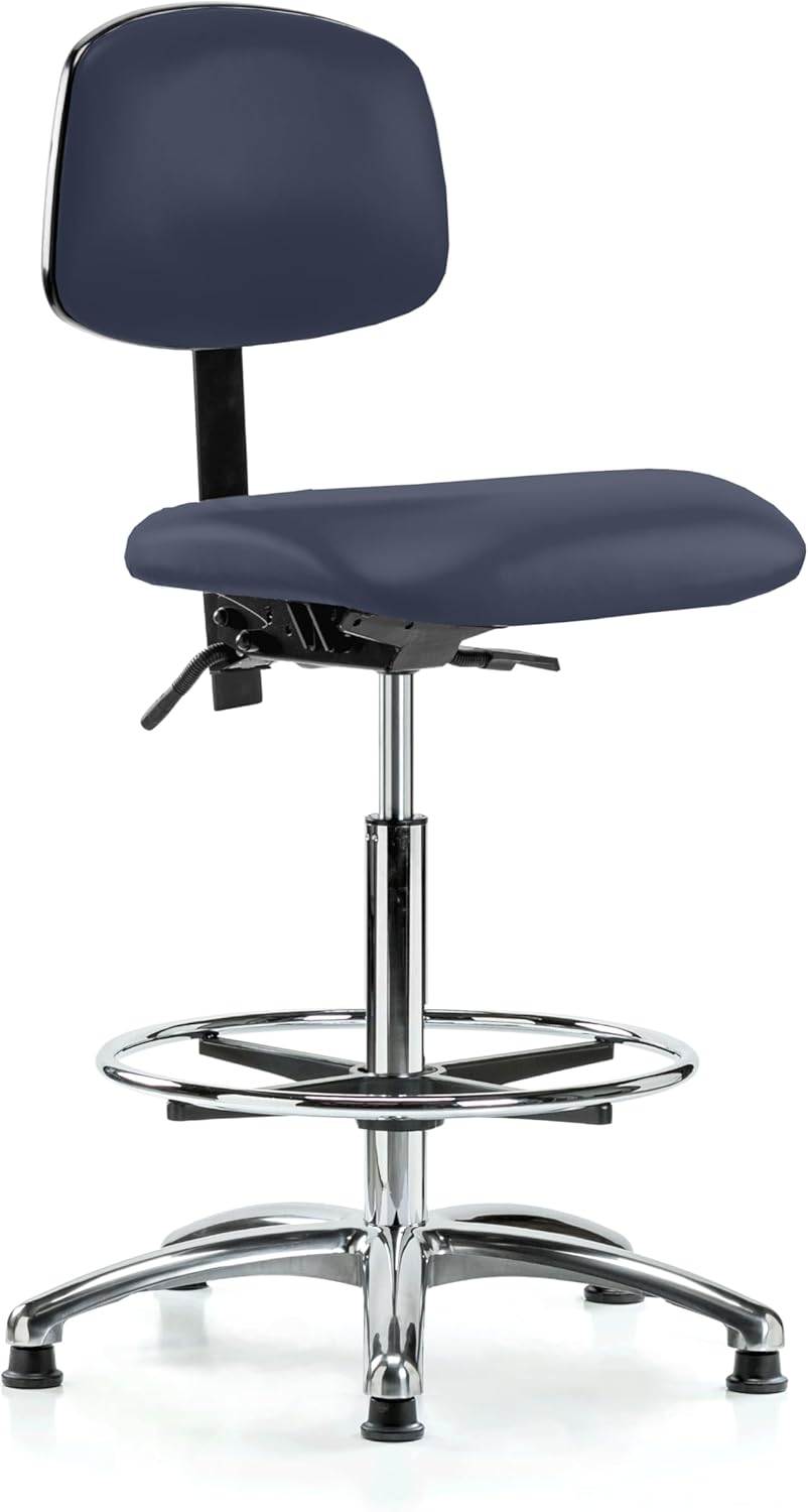 Perch Chrome Stationary Lab Chair with Adjustable Back Support and Foot Ring | High Bench Height 24-33.5" | Imperial Blue Vinyl