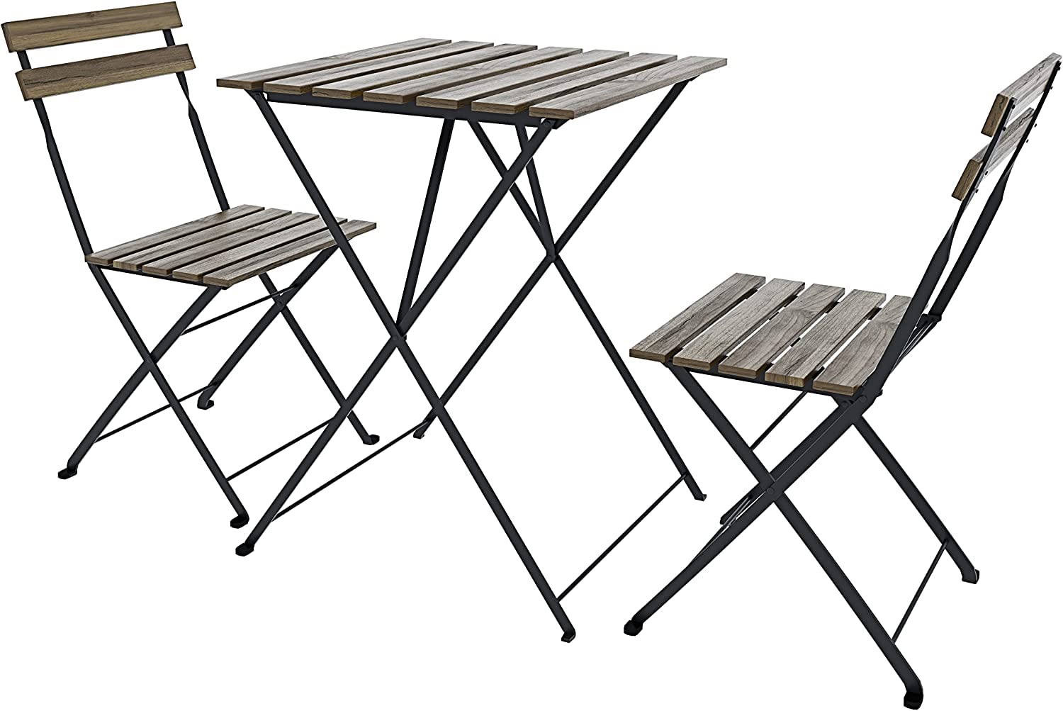 Bricozone Set Bistrot Tavolino Pieghevole e 2 Sedie Salvaspazio in Legno Acacia e Metallo per Patio Giardino Veranda Esterno Balcone Piscina Terrazzo Design Industrial Marrone e Nero