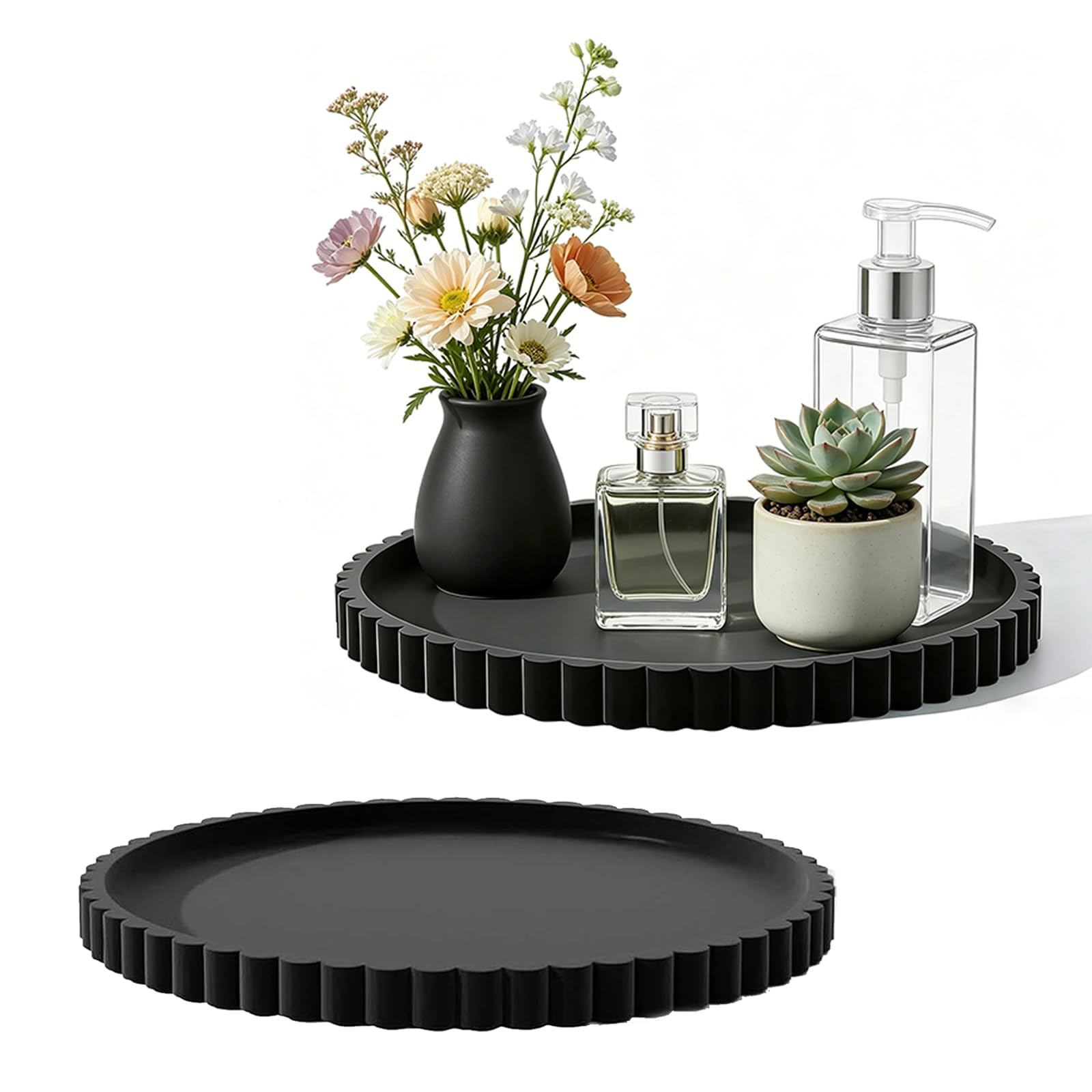 Gyism Black 2 Pcs Silicone Bathroom Tray, Round Decorative Tray Wavy Perfume Tray For For Bathrooms, Kitchens, Living Rooms And Bedrooms（9 Inches） (Black)