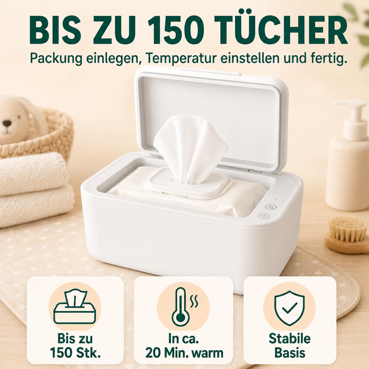 NENO Calor - Feuchttücher Baby Box Wärmer - Beheizte Feuchttücherbox - Feuchte Tücher 3 Heizstufen - Babytücher mit Warmerhaltung und Feuchtigkeit - Einfache Bedienung - Blitzschnelles Aufheizen