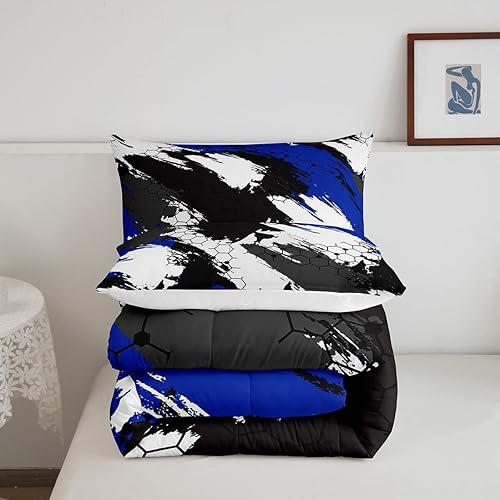 Miniatura 5 de Juego de edredón geométrico, juego de ropa de cama de camuflaje negro y azul, campaña abstracta hexagonal del ejército colmena de colmena de abeja,